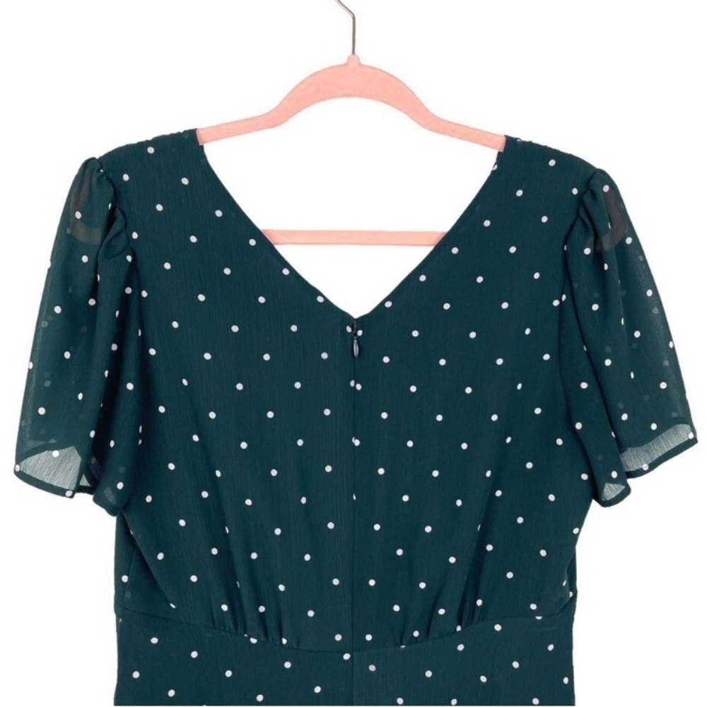 Madewell green and white dot smocked shoulder v neck dress smoky spruce, size 0 - Picture 6 of 10